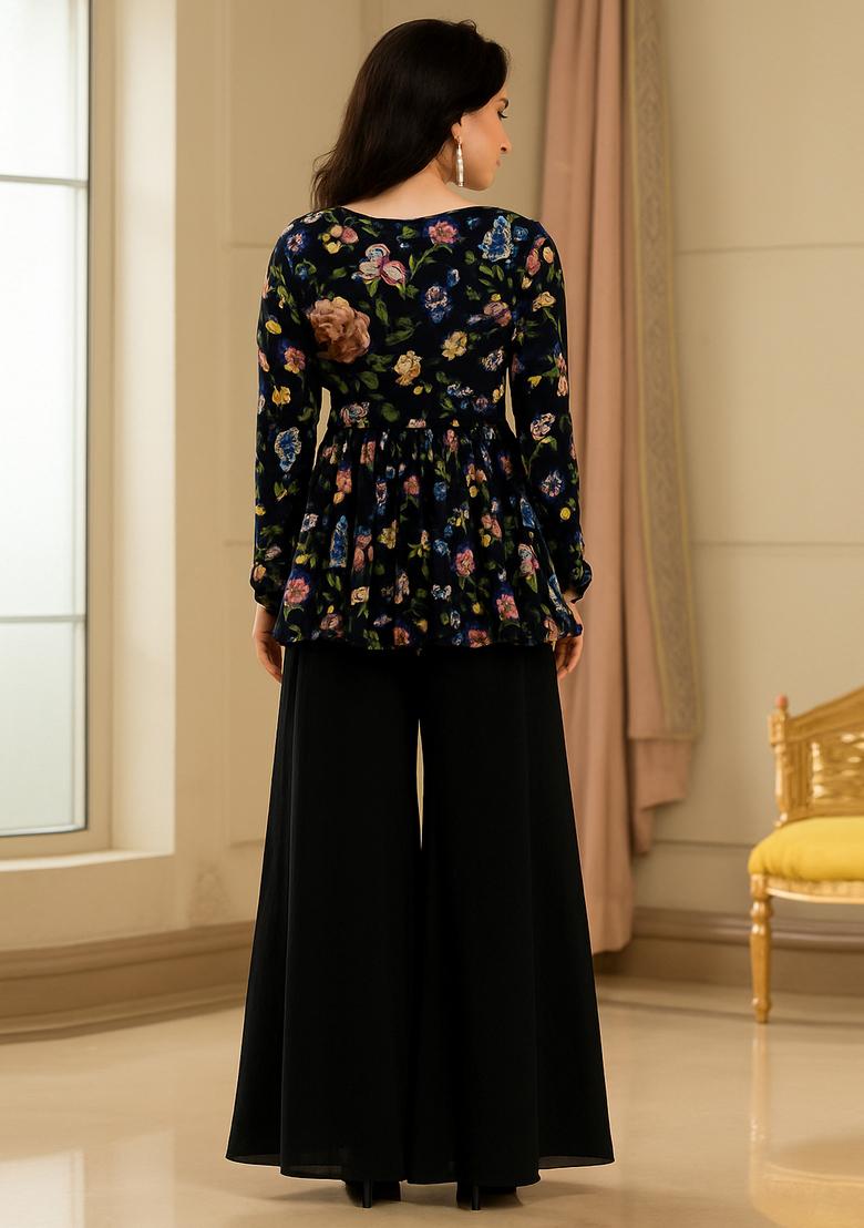Black Crepe Printed Kurta Set - Indya