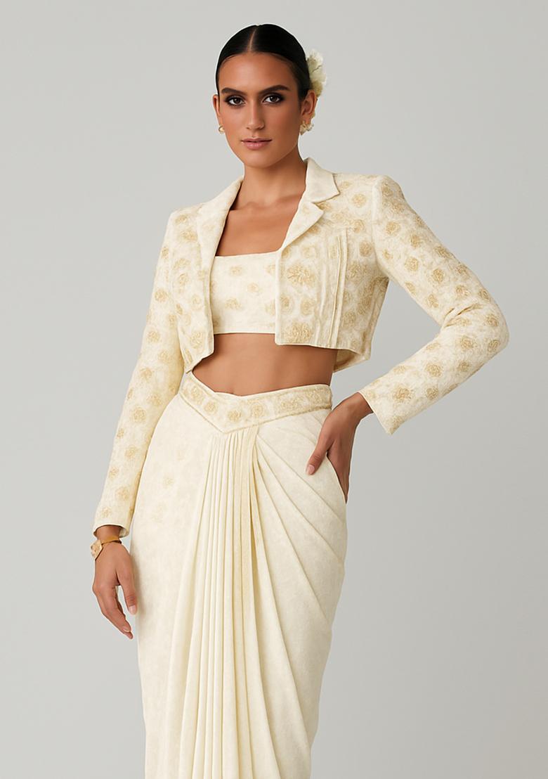 Cream Embroidered Crepe Kurta Set - Indya