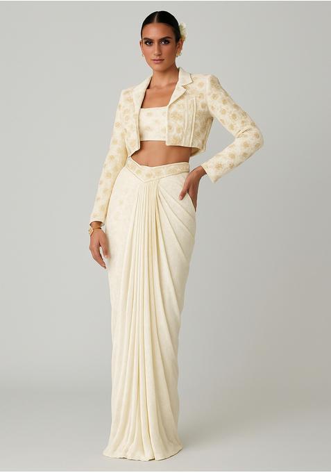 Cream Embroidered Crepe Fusion Set