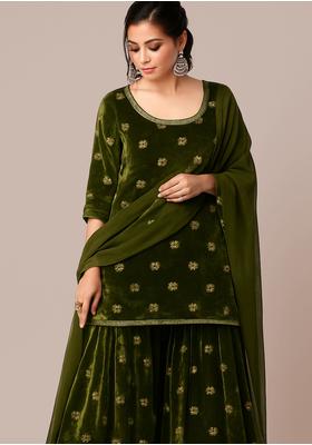Green Embroidered Velvet Sharara Set