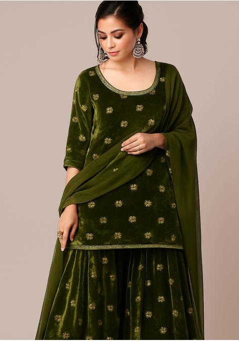 Green Embroidered Velvet Sharara Set