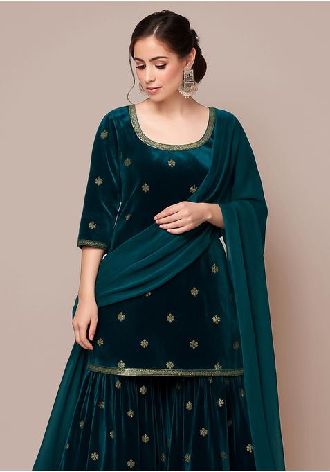 Blue Embroidered Velvet Sharara Set