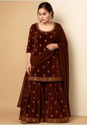 Maroon Embroidered Velvet Sharara Set