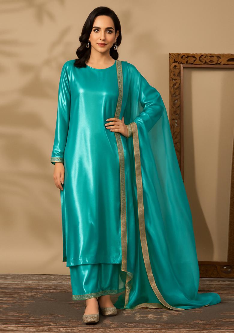 Turquoise Blue Silk Kurta Set