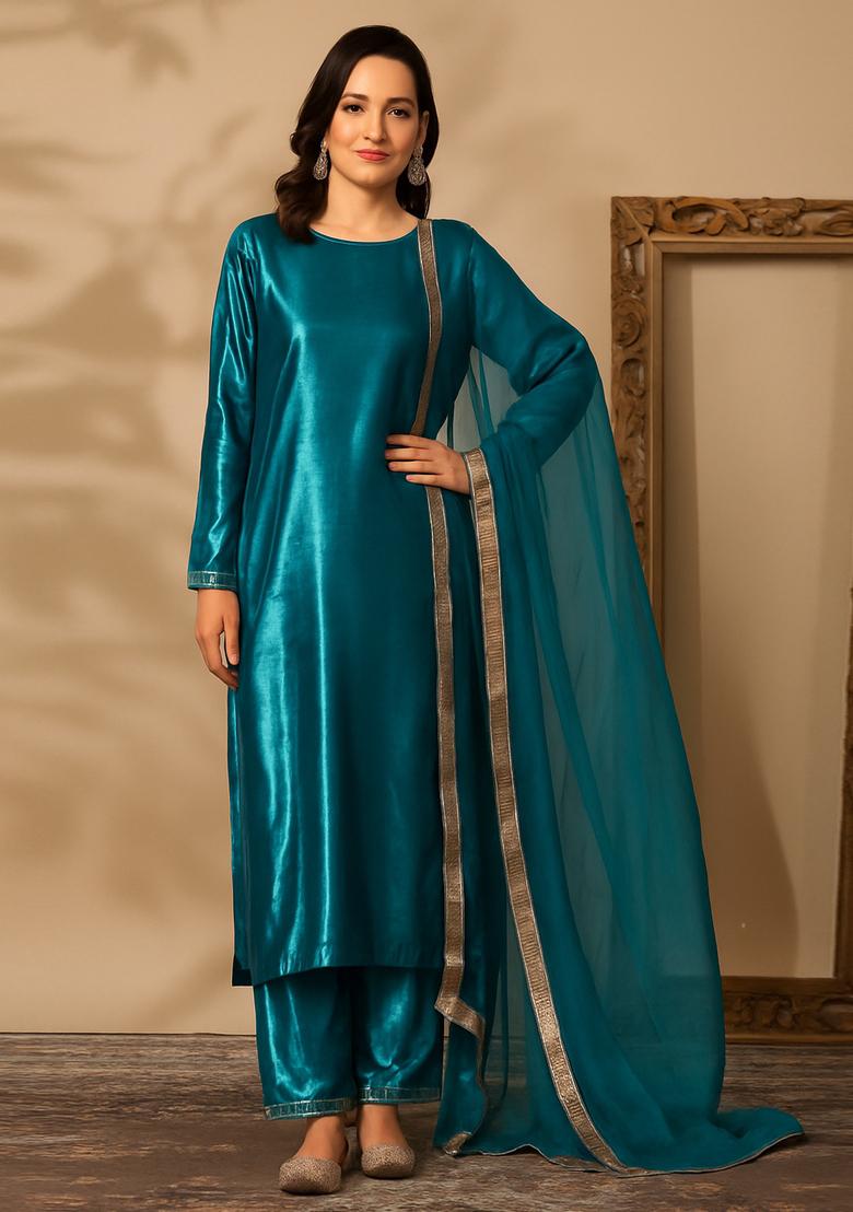 Teal Blue Silk Kurta Set