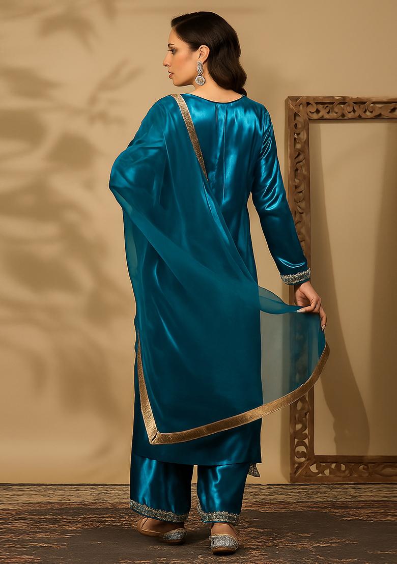 Teal Blue Silk Kurta Set - Indya