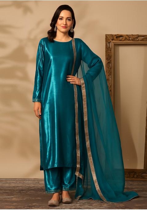 Teal Blue Silk Kurta Set