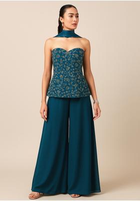 Deep Teal Sequin Embroidered Silk Fusion Set