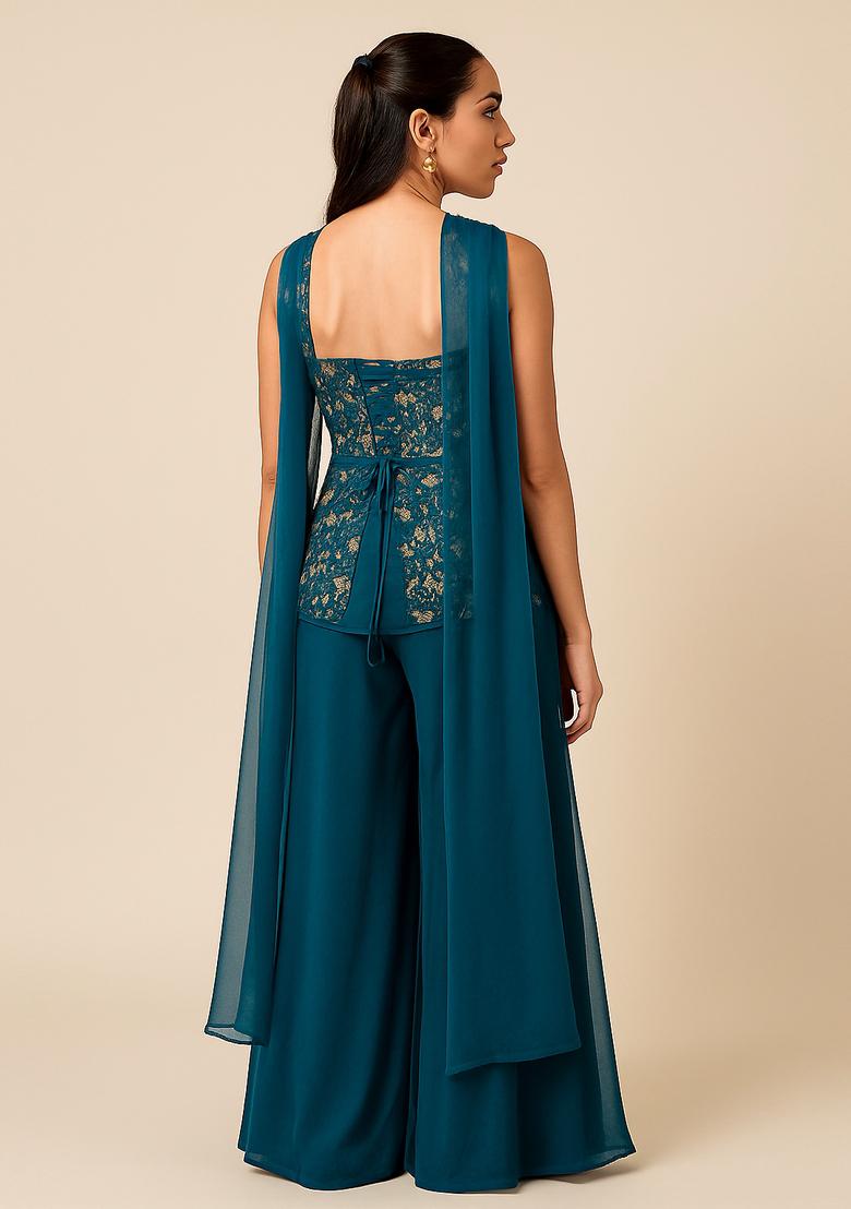 Deep Teal Sequin Embroidered Silk Kurta Set - Indya
