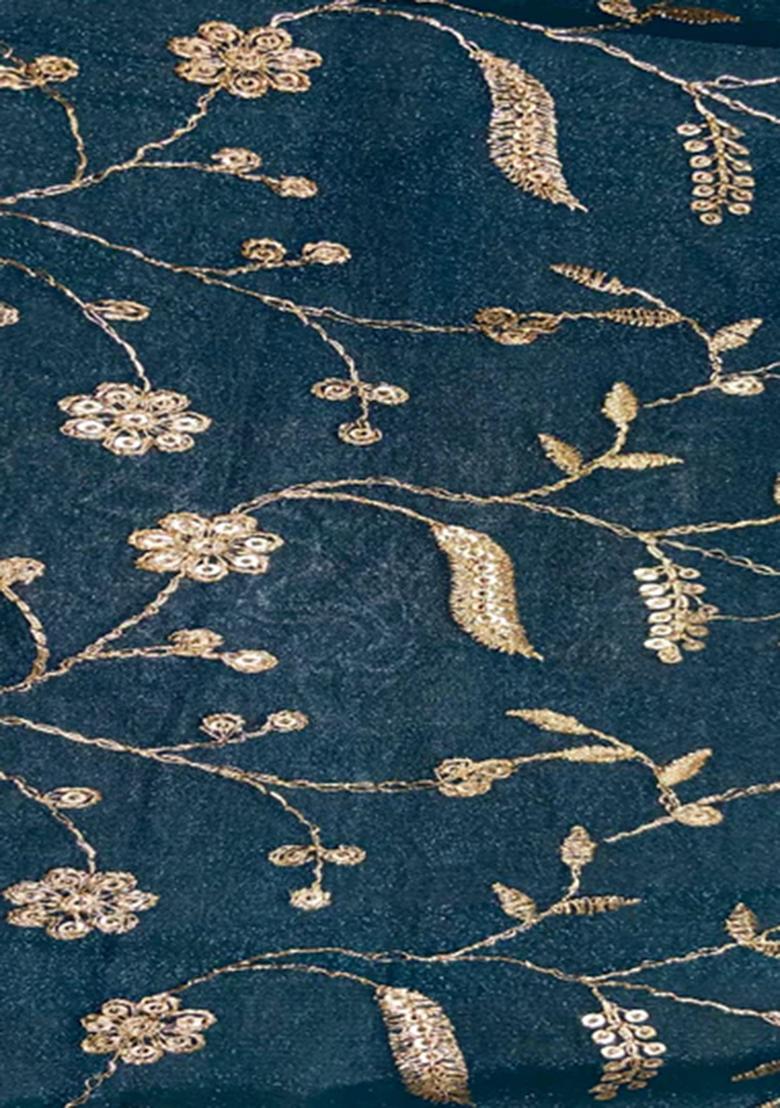 Deep Teal Sequin Embroidered Silk Kurta Set - Indya