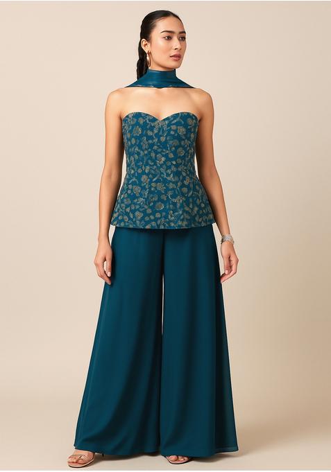 Deep Teal Sequin Embroidered Silk Fusion Set