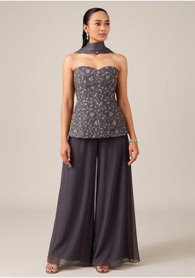 Violet Sequin Embroidered Silk Fusion Set