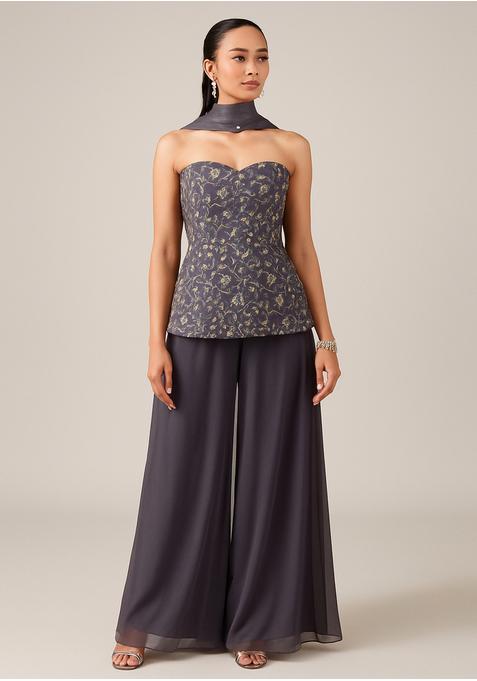 Violet Sequin Embroidered Silk Fusion Set