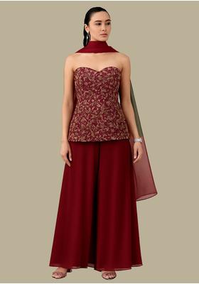 Maroon Sequin Embroidered Silk Fusion Set