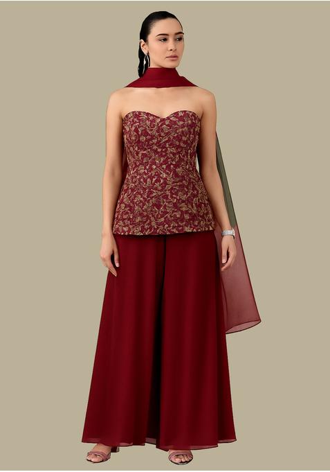 Maroon Sequin Embroidered Silk Fusion Set