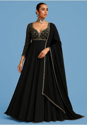 Black Embroidered Chinon Anarkali Set