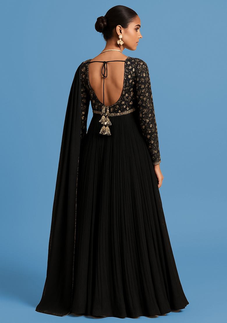 Black Sequin Embroidered Chinon Kurta Set - Indya