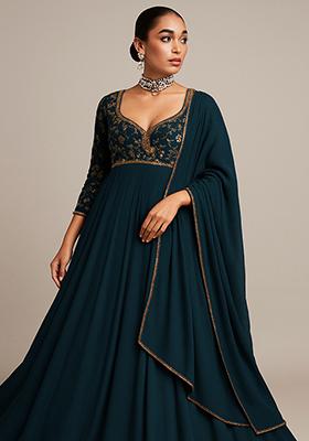 Teal Blue Embroidered Chinon Anarkali Set
