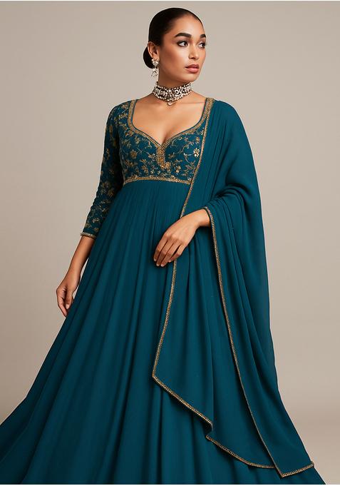 Teal Blue Embroidered Chinon Anarkali Set