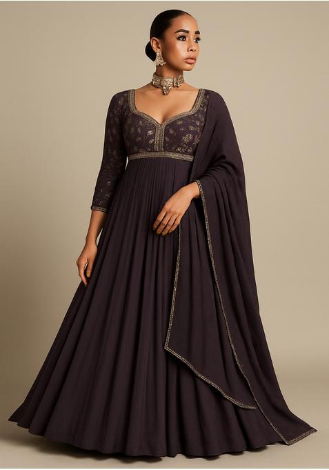 Violet Embroidered Chinon Anarkali Set