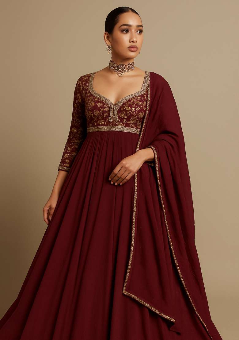 Maroon Embroidered Chinon Anarkali Set - Indya