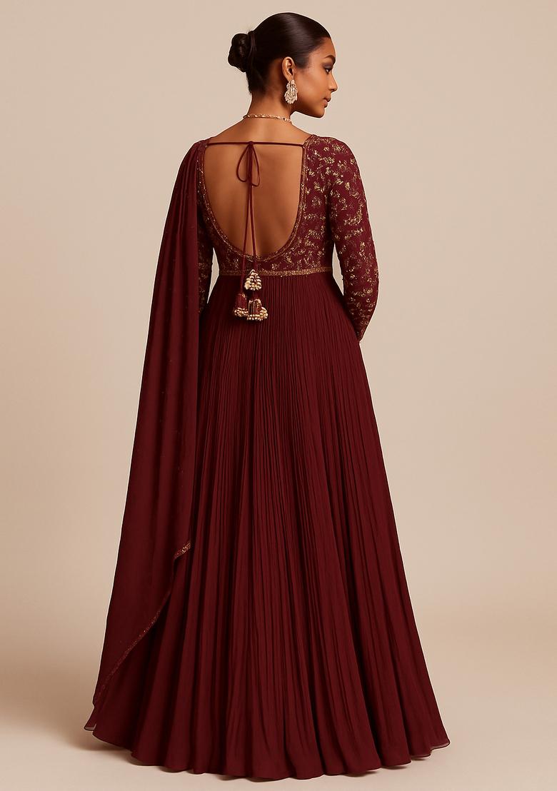 Maroon Embroidered Chinon Kurta Set - Indya