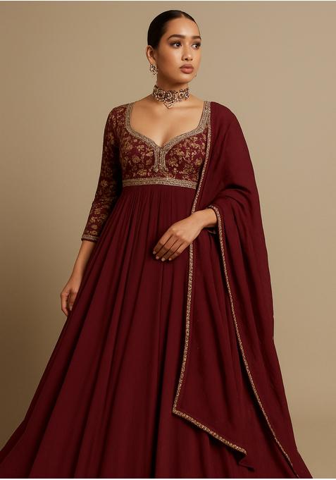 Maroon Embroidered Chinon Anarkali Set