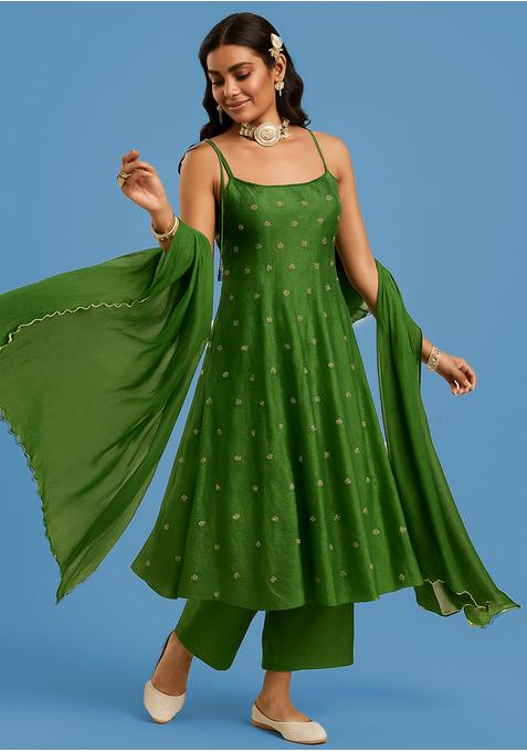 Moss Green Sequin Embroidered Chinon Kurta Set