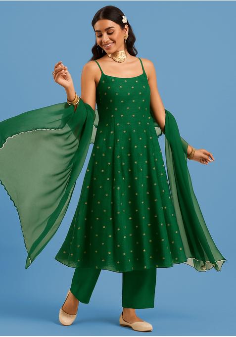 Dark Green Embroidered Chinon A Line Kurta Set