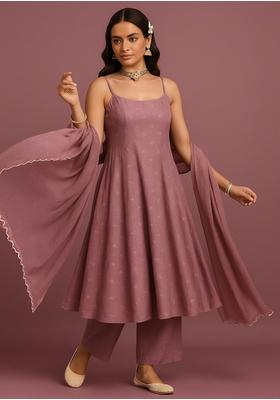 Purple Embroidered Chinon Kurta Set