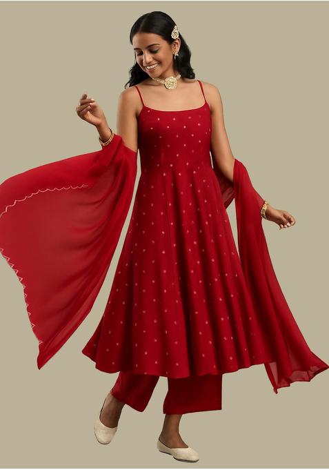 Red Embroidered Chinon Anarkali Set