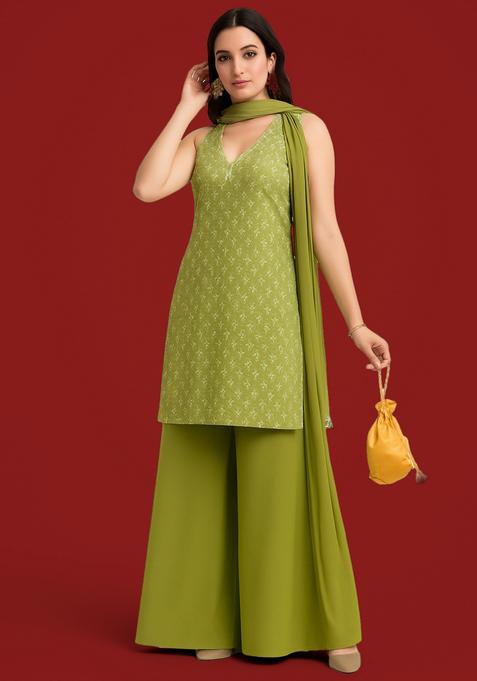 Green Embroidered Georgette Palazzo Set