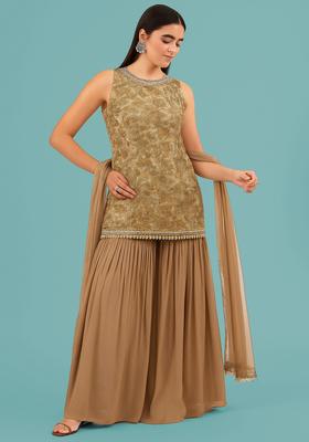 Cream Embroidered Georgette Sharara Set