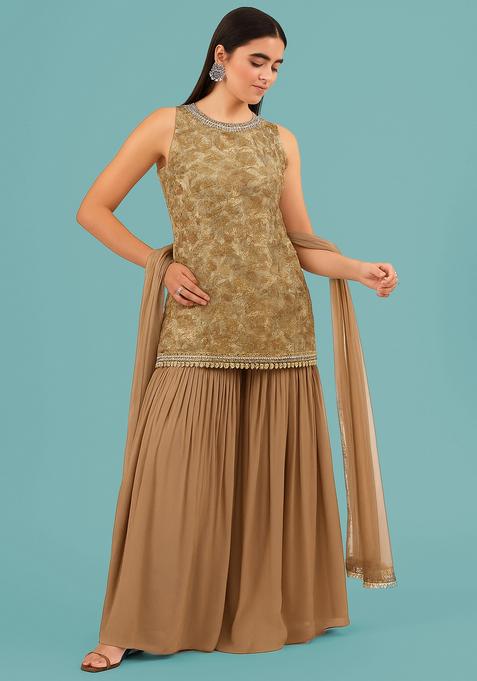 Cream Embroidered Georgette Sharara Set