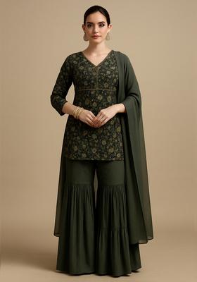 Green Printed Chiffon Sharara Set