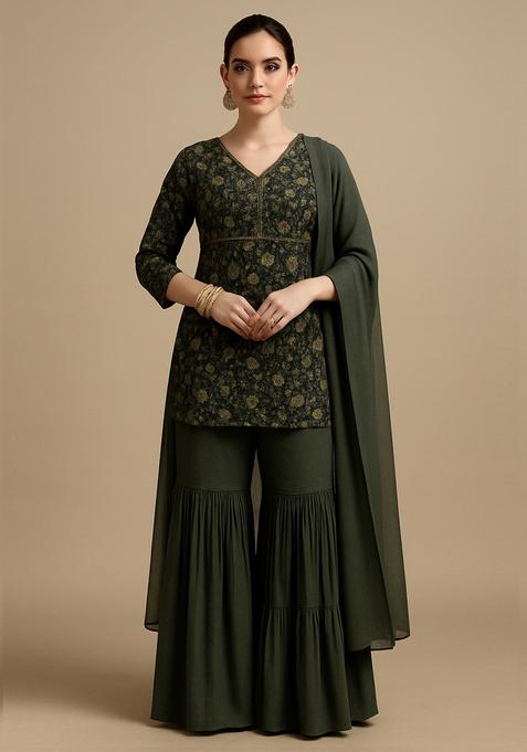 Green Printed Chiffon Sharara Set