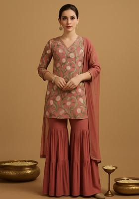 Peach Printed Chiffon Kurta Set