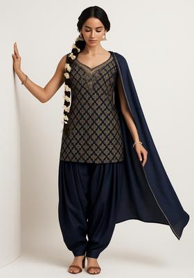Dark Blue Brocade Kurta Set