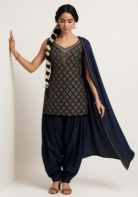 Dark Blue Brocade Kurta Set