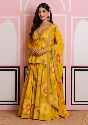 Yellow Printed Chiffon Fusion Set