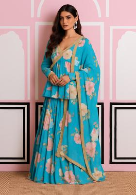 Sky Blue Printed Chiffon Kurta Set