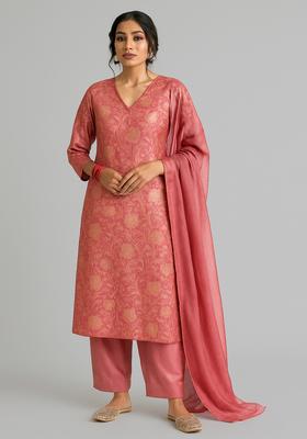 Pink Jacquard Brocade Kurta Set