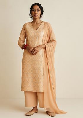Peach Jacquard Brocade Kurta Set