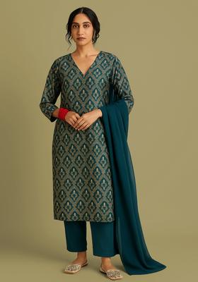 Teal Jacquard Brocade Kurta Set