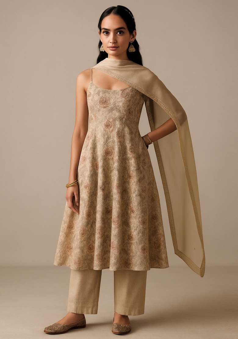 Beige Embroidered Georgette Anarkali Set - Indya