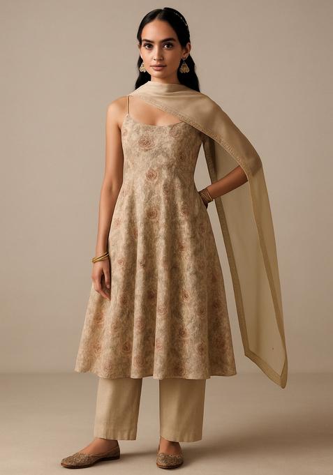 Beige Embroidered Georgette Anarkali Set