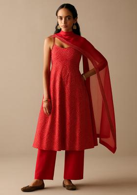 Red Printed Georgette Anarkali Set