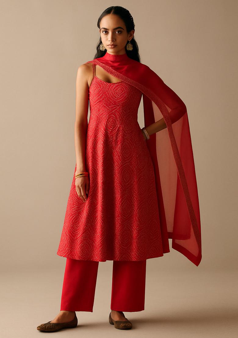 Red Printed Georgette Anarkali Set