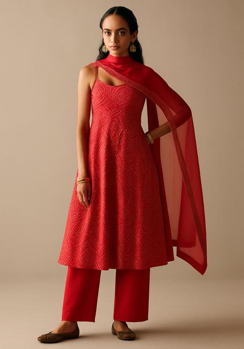 Red Printed Georgette Anarkali Set