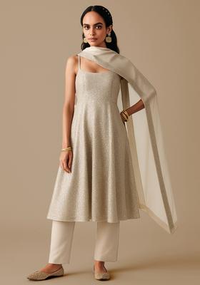 Beige Sequin Embroidered Georgette Anarkali Set